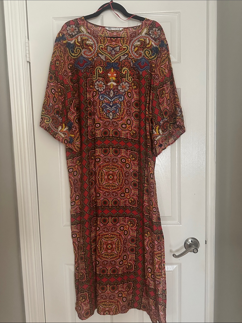 Zara Red Orange Paisley-Print kaftan with Multicolor Accents and beading